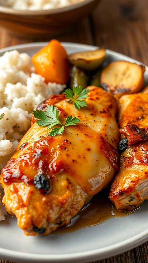 Tender slow-cooked chicken breast garnished with parsley, served with vegetables and rice on a rustic table.